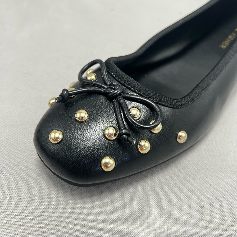 Marc Fisher Tempts Black & Gold Studded Slip On Ballet Flats Bow Square Toe 9.5